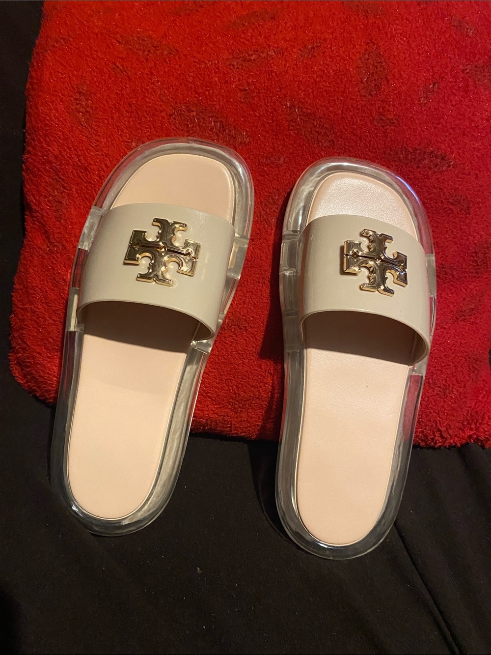Tory Burch Pale Pink Slide Sandals with Gold Logo